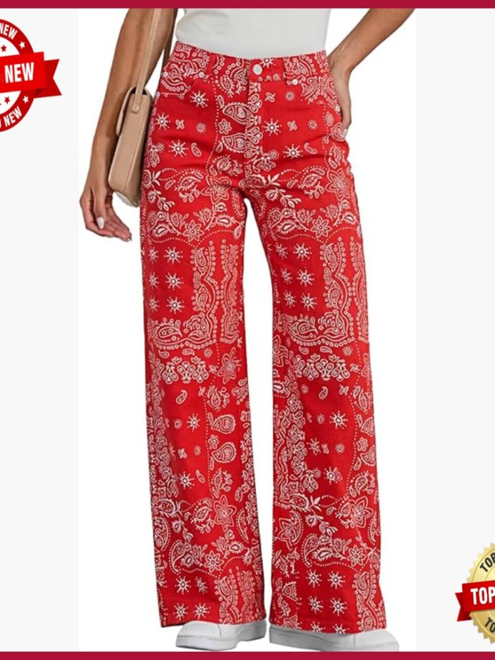 Wide Leg High Waist Floral Print Denim Jeans with Pockets
